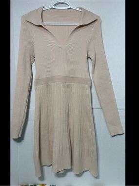 SHEIN Women’s Neutral Beige Ribbed Knit Long-Sleeve Dress Fall Minimalist